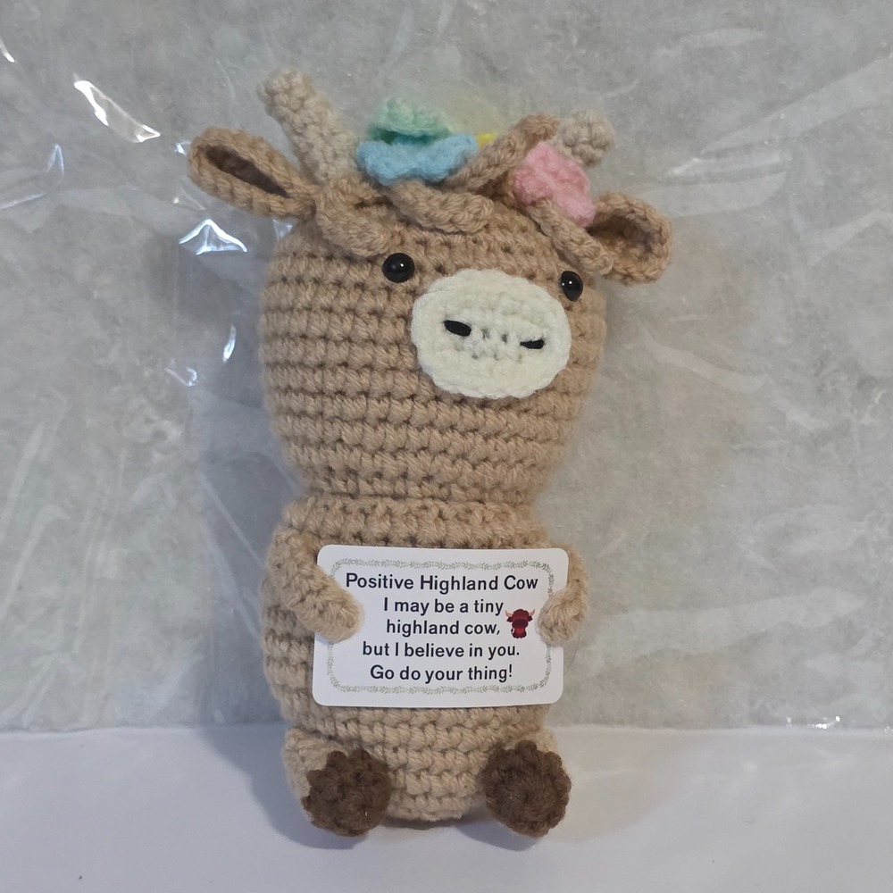 Positive Highland Cow Crochet Doll Motivational Desk Decoration 5in Brown